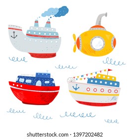 Kids nautical hand drawn vector illustration of water transport. Cute ship, submarine, motor ship, liner, sea wave. Cartoon marine icons set. Childish background. Isolated white background.