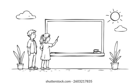 Kids near chalkboard at school. Boy girl learning teaching. Education lesson studying content. Sketch hand drawn vector illustration.