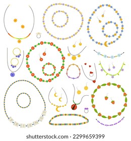 Kids necklace. Hand made groovy child beads bracelet pendant cartoon style. Collection of cartoon drawings of bracelets from colorful beads with letters for children