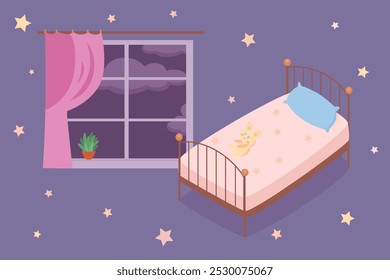 Quarto noturno para crianças. Interior de quarto de crianças da noite com cama, travesseiro, brinquedo na cama, janela com cortinas e planta de casa no peitoril da janela. Ilustração de vetor de desenhos animados bonito no fundo roxo com estrelas.