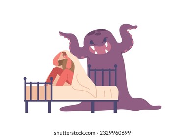 Kids Nightmare, Terrified Phobia. Little Scared Trembling Boy Sit on Bed under Blanket Hiding from Frightening Ghost