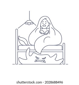 Kids nightmares, Fear of darkness vector illustration. Scared boy imagining monster under bed. Child hides under blanket. Editable stroke Isolated on white. Bad dreams concept for web. Line art design
