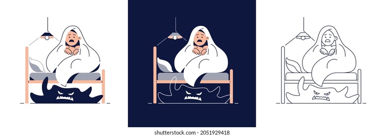 Kids nightmares, Fear of darkness vector illustration set. Scared boy hides under blanket from monster under the bed. Nightmares in Children, fear of darkness concept collection for web flat design