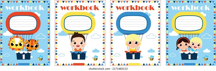 Kids Notebook Or Exercise Book Cover Vector Template With Kids And Animal. Lern Gramma Ruls Background. Translation: 