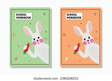 Plantilla vectorial de portada de cuaderno infantil o libro de ejercicios con conejo. 