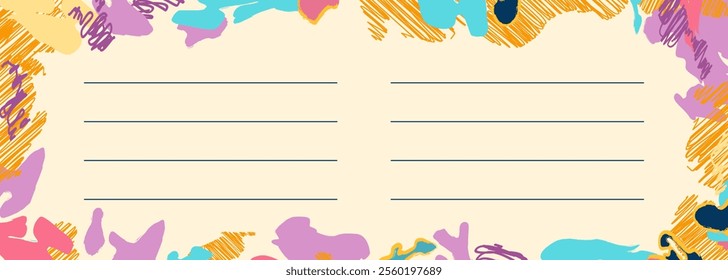 Kids notebook page design. Blank background with abstract Simple shapes, trendy doodle elements, creative decoration, empty horizontal lines for writing. Notepad paper template.