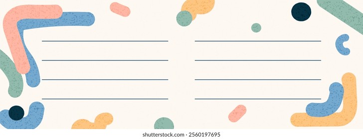 Kids notebook page design. Blank background with abstract Simple shapes, trendy doodle elements, creative decoration, empty horizontal lines for writing. Notepad paper template.