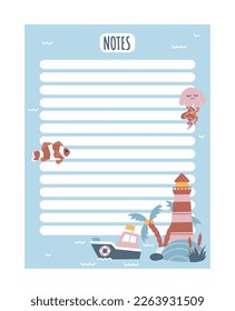 Kids notebook page with lighthouse. Education and training for schoolchildren. School supplies, to do list. Poster or banner for website.. Cartoon flat vector illustration