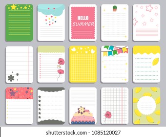 Kids notebook page template vector cards, notes, stickers, labels, tags paper sheet illustration. Template cover for scrapbooking, wrapping, congratulations, notepaper invitation.