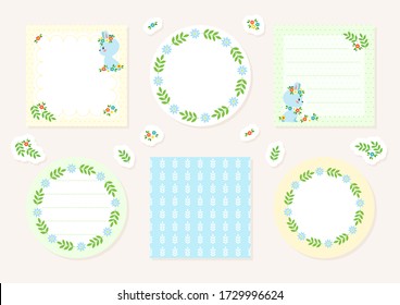 Kids notebook page templates. Cute memo pads decorated with little rabbits and floral elements. Can be used for scrapbooking, bullet journals, gift tags, cards and invitations. Vector 10 ESP.