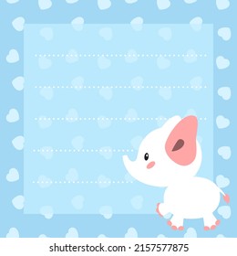 Kids notebook page templates. Cute blue memo pad decorated with little white elephant and hearts. Can be used for scrapbooking, bullet journals, gift tags, cards and invitations. Vector 10 ESP.
