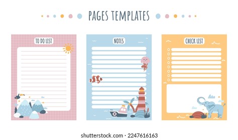 Kids notebook pages templates set. Motivation and time management, organization of effective workflow. To do list and checklist. Cartoon flat vector illustrations isolated on white background