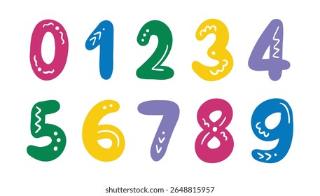 crianças números colorido positivo engraçado mão desenhada de 1 a 0 set. Número de decoração infantil. Ilustração vetorial