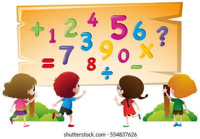 Kids and numbers on wooden board illustration