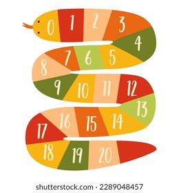 Kids numbers poster. Baby wall art with numbers into funny snake shape. Cartoon nursery poster. Cute numeral signs for mathematics, arithmetic studying. Kids education collection. Vector illustration