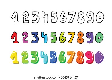 Kids numbers vector illustration of Handwritten Outline, colorful and 3d in different colors on white background set