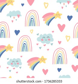 Kids nursery. Cute hand drawn seamless pattern with rainbows, smiling clouds and stars. Doodle design for wallpaper, fabric, wrapping, apparel. Baby shower. Sky background. Vector illustration.