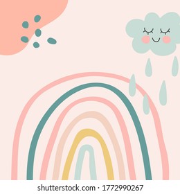 Kids nursery decoration with rainbow. Organic shapes cover design in pastel colors. Hand drawn unique doodle objects. Abstract background. Contemporary texture. Vector illustrations.