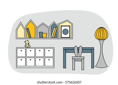 Kids nursery in outline style. Interior design in vector. Grey, yellow and blue color room