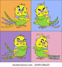 Kids nursery poster with bird. Vector illustration of emotion face parrot. Set of funny colored budgerigar . Perfect child room wall interior art. EPS 10