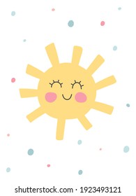 Kids nursery poster with funny sun. Organic cover design in pastel colors. Hand drawn unique doodle objects. Children room decoration. Baby shower party invitation. Vector illustrations.