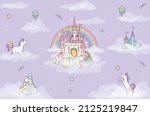 kids nursery wallpaper with cute unicorn,  kawaii castle, babies wall, pony for kids, graphic illustration using for print on the wall, pillow, banner, greeting cards, design room