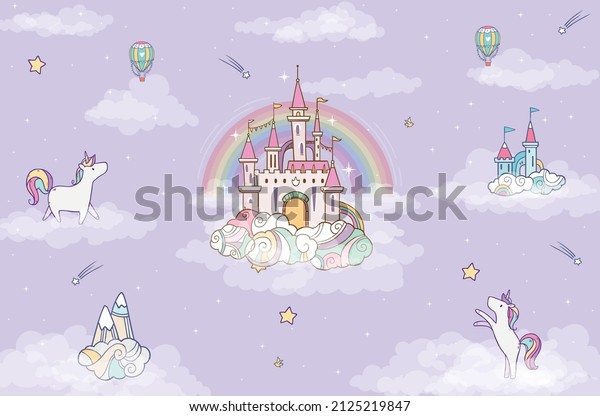 kids nursery wallpaper with cute unicorn, kawaii castle, babies wall, pony for kids, graphic illustration using for print on the wall, pillow, banner, greeting cards, design room