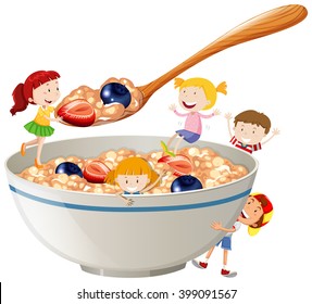 Kids and oatmeal with berries illustration