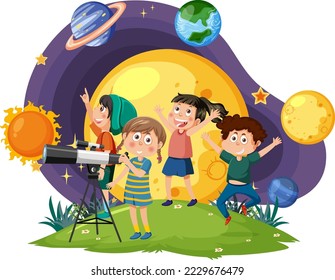 Kids observing planets with telescope illustration