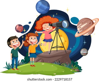 Kids observing planets with telescope illustration