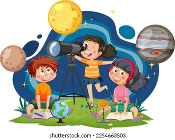 Niños observando planetas con ilustraciones telescópicas