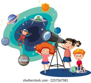 Kids observing planets with telescope illustration