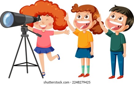 Kids observing the sky with a telescope illustration