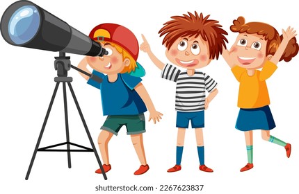 Kids observing the sky with a telescope illustration