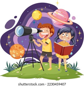 Kids observing the sky through telescope illustration