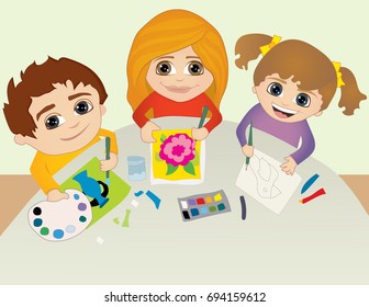Kids on art class, hand drawn vector illustration. Back to school - three children, a boy and two girls are happy creating art, painting and drawing