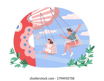 Kids on attraction 2D vector web banner, poster. Theme park ride. Boy and girl on swing. Children flat characters on cartoon background. Amusement park printable patch, colorful web element