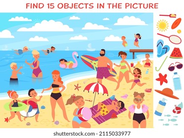 Kids on beach. Children activity on sunny resort. Puzzle location with hidden objects. Cartoon picture for play with tourism on ocean. Happy vacation decent vector scene