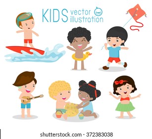 kids on the beach , children playing on the beach,children's summer activities, Vector Illustration.