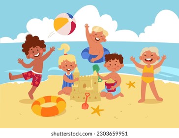 Kids on the beach flat illustrations set. Funny boys and girls play on sand, swimming and building sand castle. Summer vacation near ocean. Holidays design elements