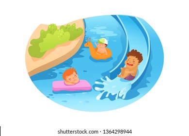 Kids on beach flat vector color illustration. Summer vacation. Children playing at sea, swimming pool with rings cartoon characters. 