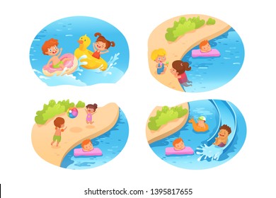 Kids on beach flat vector color illustration. Summer vacation. Children playing at sea, swimming pool with rings cartoon characters. Childhood entertainment, leisure. Children's camp. Water activities