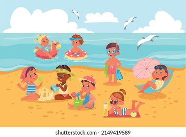 Niños ilustrando la playa. Mar de verano con niños y niñas. Bebés tomando el sol y nadando en el agua. Personajes de caricatura en trajes de baño. Niños felices jugando con arena