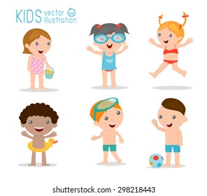 kids on the beach , kids playing outside, Vector Illustration.