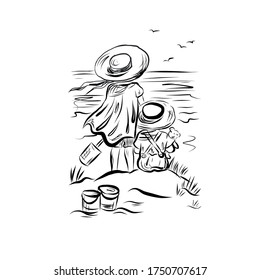 Kids on beach in straw hats who protecting from sun. Joyful childhood moment summer vacation. Couple on seashore. Items for playing in the sand. Coloring book