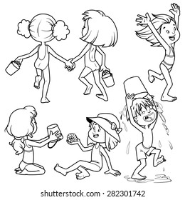 Kids on the beach. Vector outline illustration on a white background.