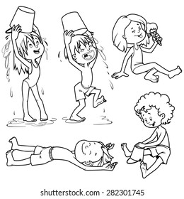 Kids on the beach. Vector outline illustration on a white background.