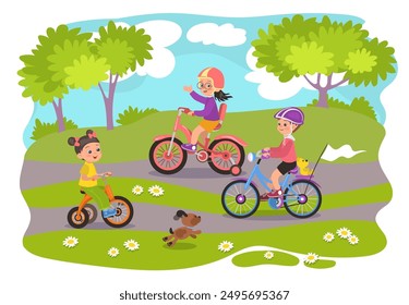 Niños en bicicleta en el parque. Niños divertidos felices montando bicicletas de color en la naturaleza. Pequeños ciclistas. Paseo de verano. Niñas y niños en ciclos. Transporte infantil. Espléndido