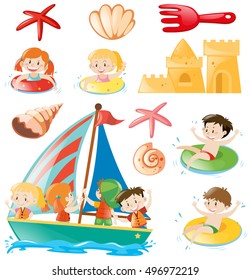 Kids on boat and beach objects illustration