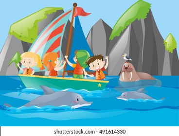 Kids on boat looking at dolphin illustration
